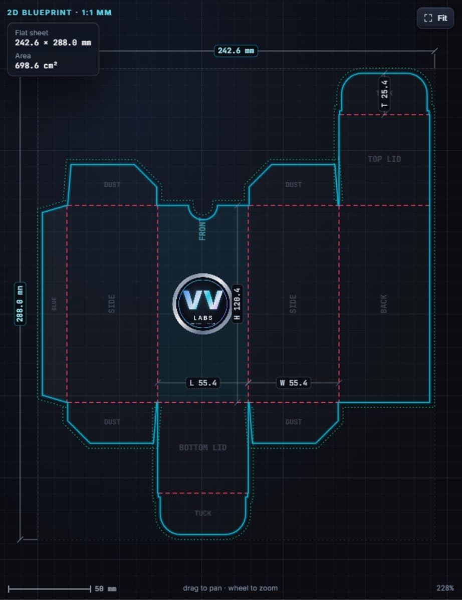 BoxSmith 2D blueprint with cut, crease and bleed lines and millimetre sizes