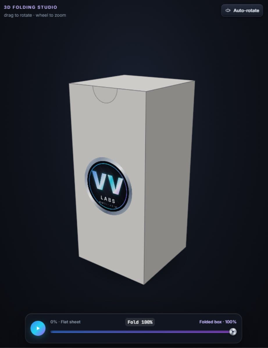 BoxSmith 3D view of a folded tuck-end box with a logo on the front