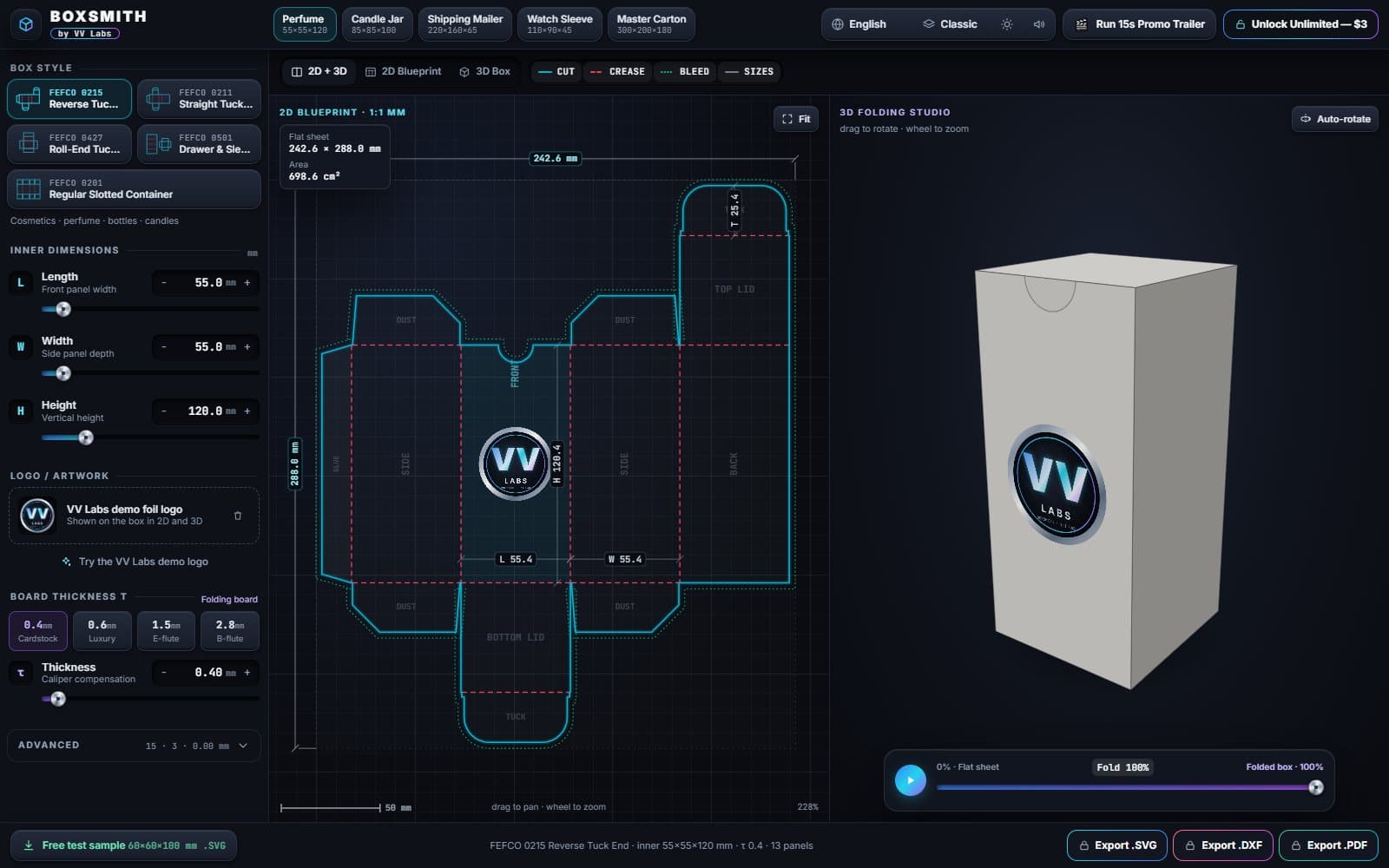 Actual BoxSmith screen: 2D blueprint next to the folded 3D box