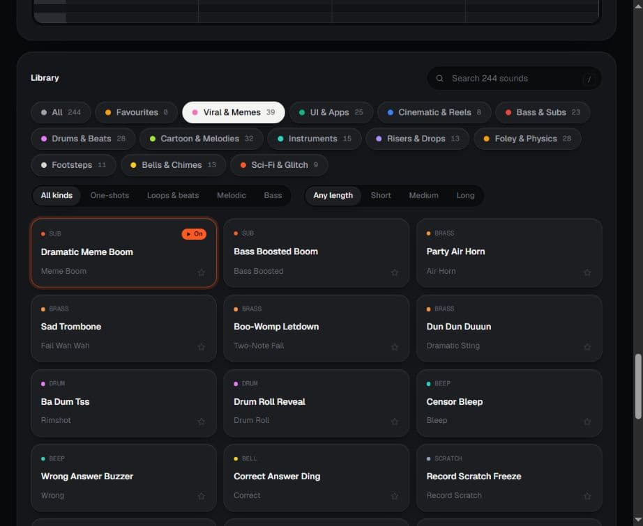 PocketFoley library showing sound categories and individual effects