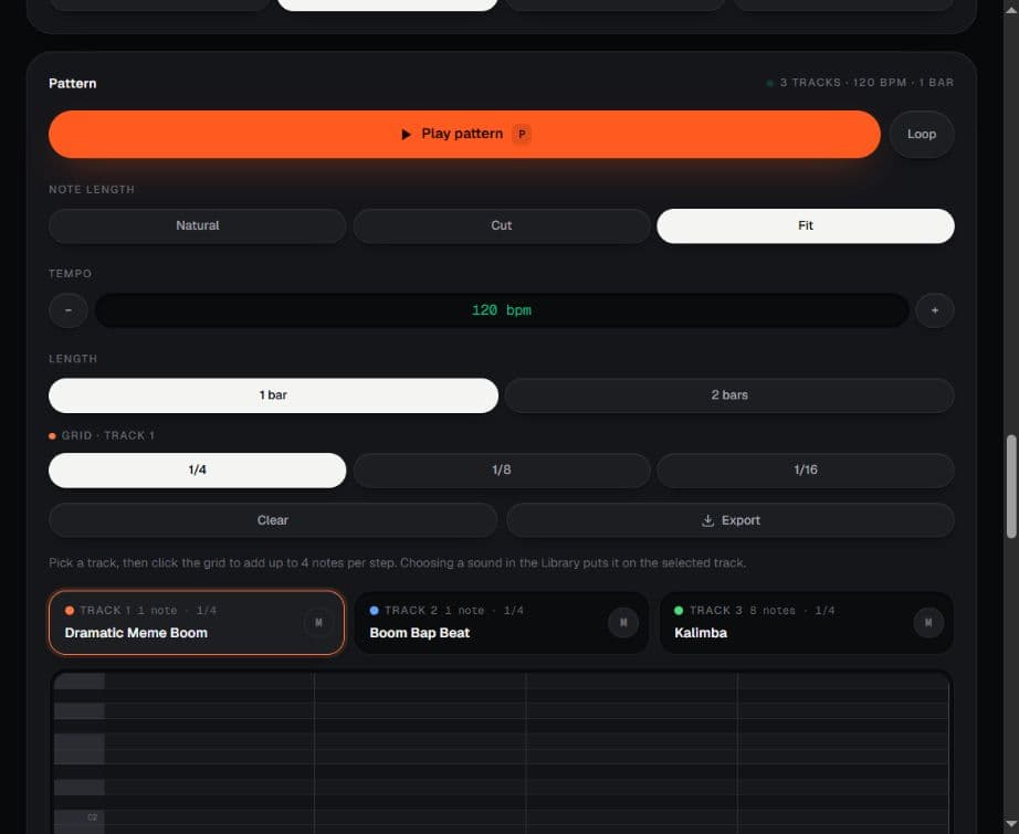 PocketFoley pattern editor with tempo, note length and three sound tracks