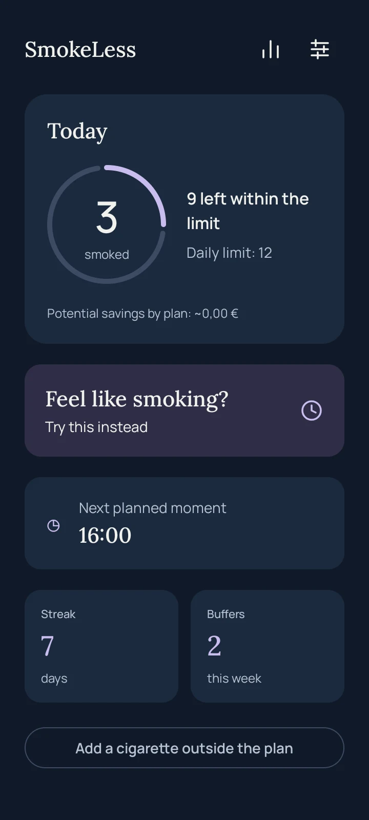 Example SmokeLess daily plan showing three recorded cigarettes out of a limit of twelve.