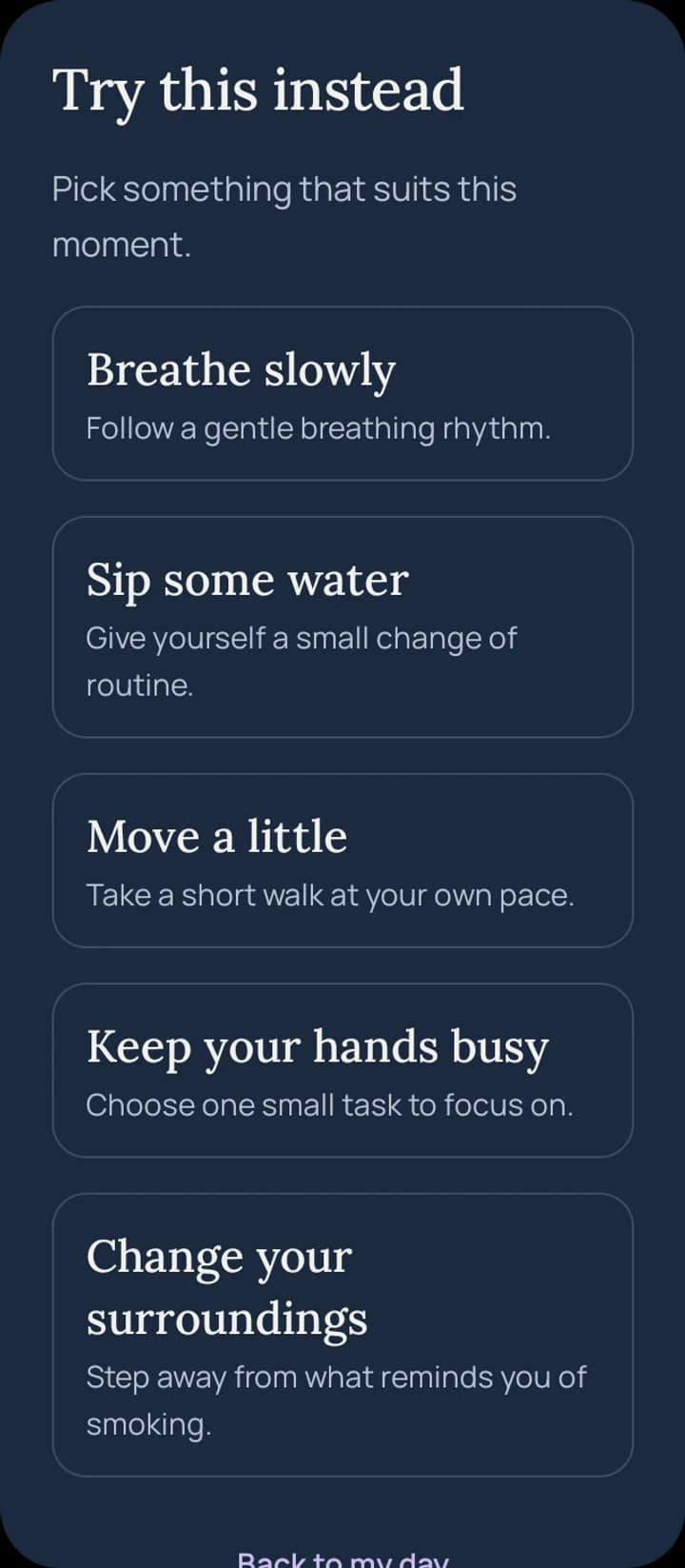 Five selectable craving methods: breathing, water, movement, keeping hands busy, and changing surroundings.