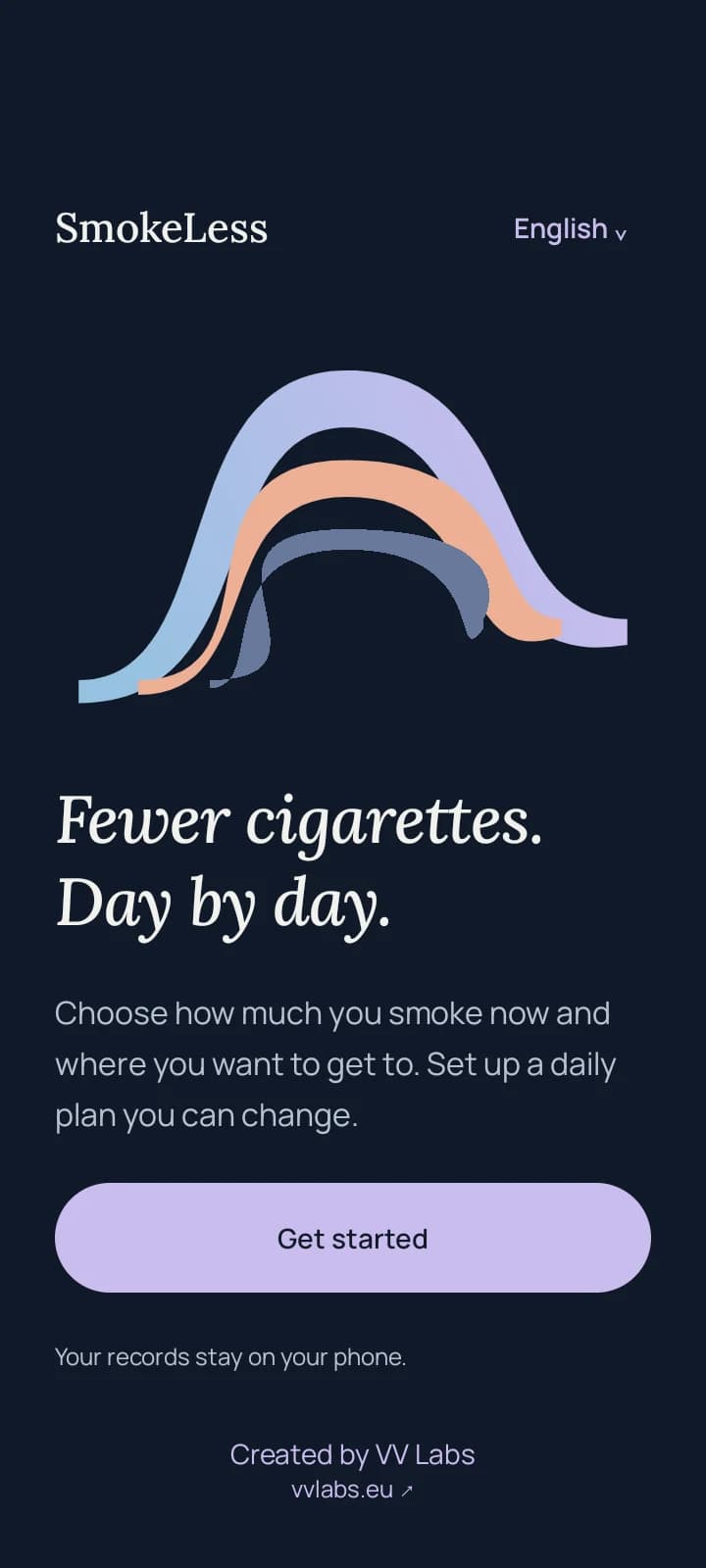 SmokeLess welcome screen with a navy background, lavender artwork, and the VV Labs creator link.